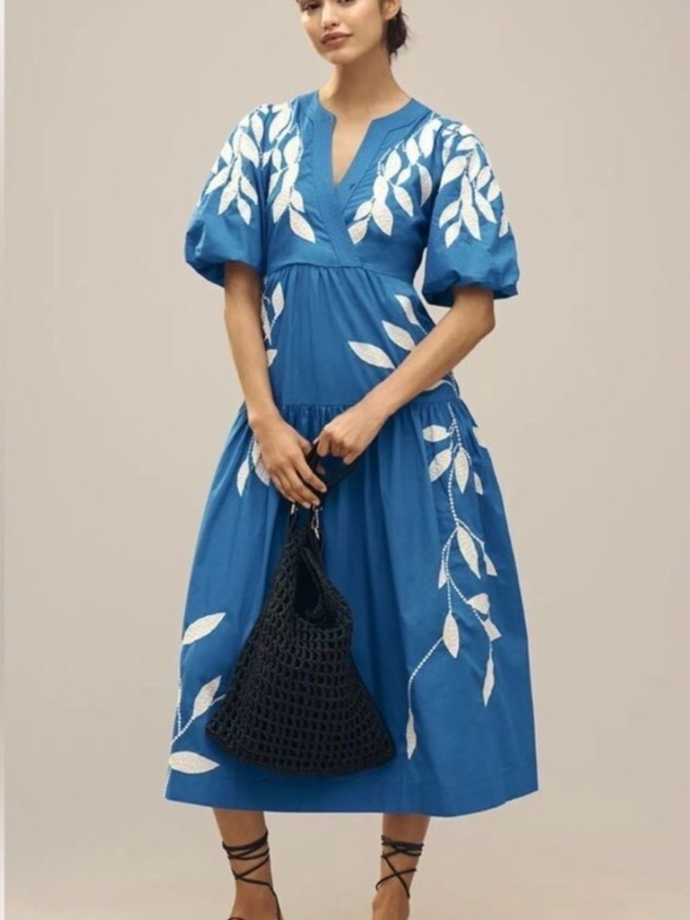 Anthropologie Blue Midi Dress with White Leaf Embroidery